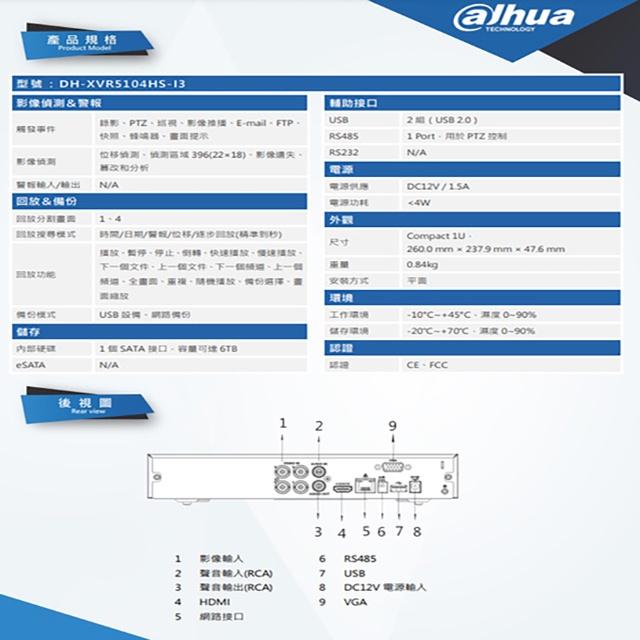 昌運監視器 大華組合 DH-XVR5104HS-I3+DH-HAC-HFW1500TN 5百萬紅外線攝影機*4-細節圖4