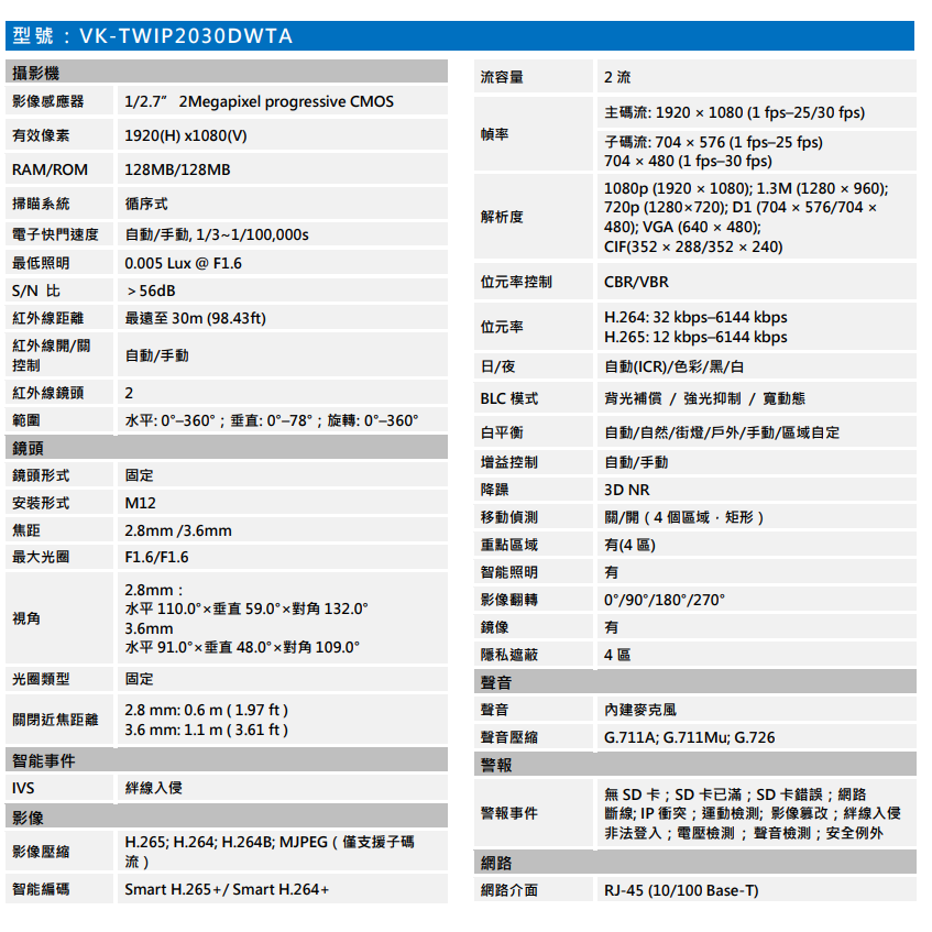 昌運監視器SAMPO聲寶 VK-TWIP2030DWTA 2MP WDR 紅外線網路攝影機 紅外線30M-細節圖2