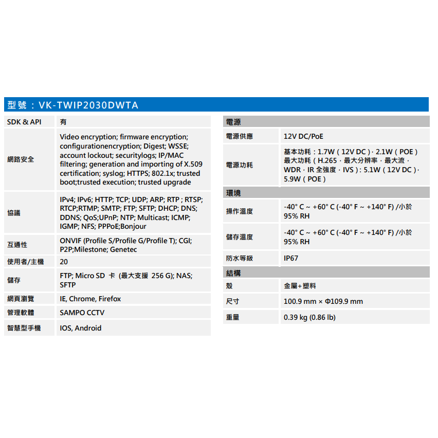 昌運監視器SAMPO聲寶 VK-TWIP2030DWTA 2MP WDR 紅外線網路攝影機 紅外線30M-細節圖3