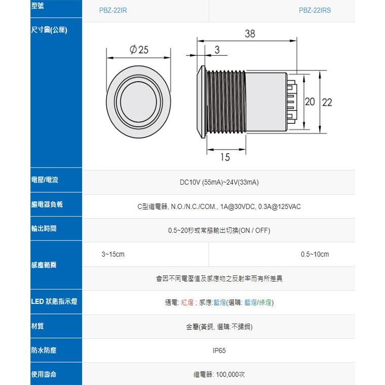 昌運監視器 PBZ-22IR 防水金屬紅外線非接觸式開關 按鈕 感應距離3~15cm-細節圖2