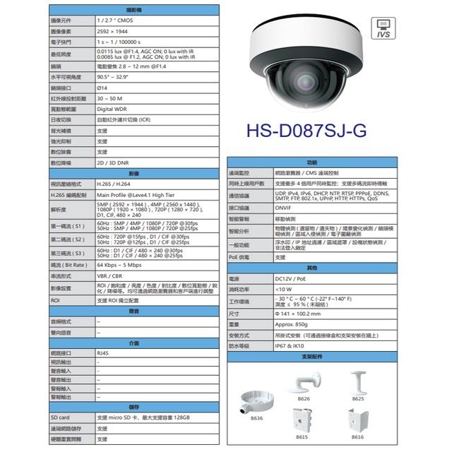 昌運監視器昇銳 HS-D087SJ-G 500萬 紅外線變焦半球網路攝影機PoE IP67 夜視30-50M-細節圖2