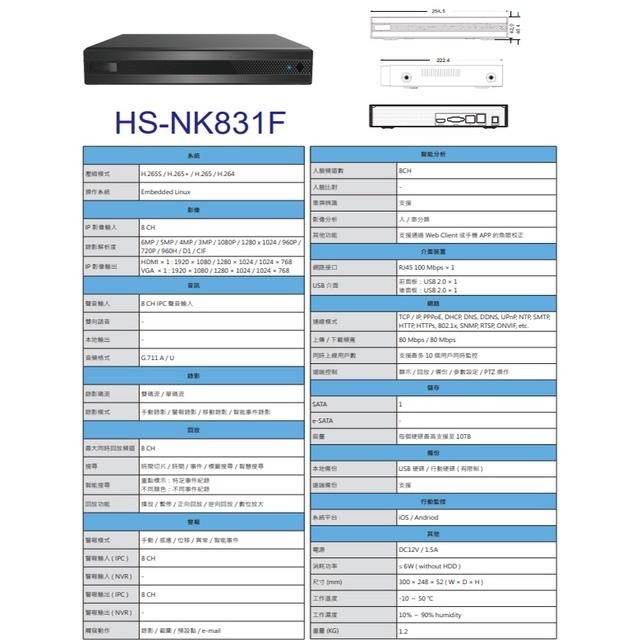 昌運監視器 昇銳 HS-NK831F H.265 4K 8路 雙向語音 NVR 網路型錄影主機-細節圖2