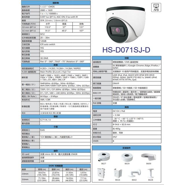 昌運監視器昇銳 HS-D071SJ-D 500萬 紅外線半球網路攝影機 PoE 內建麥克風 夜視20-30M-細節圖2