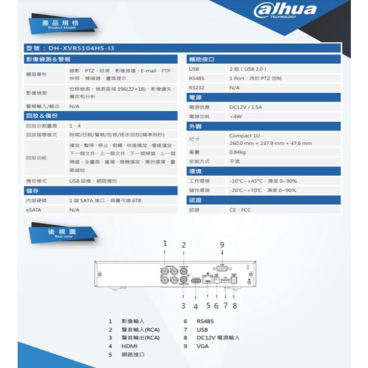 昌運監視器 大華組合 DH-XVR5104HS-I3+DH-HAC-HFW1500TN-A 5百萬 紅外線攝影機*4-細節圖4