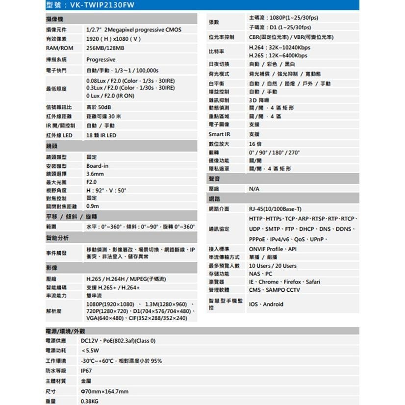昌運監視器SAMPO聲寶 VK-TWIP2130FW 200萬槍型網路攝影機 新款(VKTWIP2130FWTCA)出貨-細節圖2