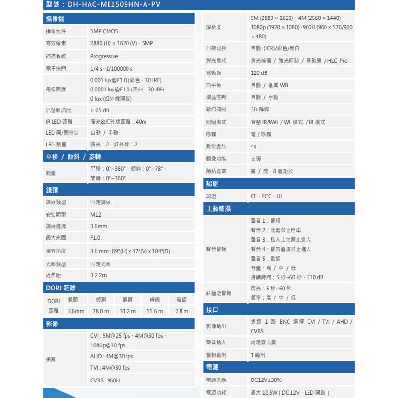 昌運監視器 大華 DH-HAC-ME1509HN-A-PV 500萬 智慧雙光警報半球攝影機 內建麥克風-細節圖2