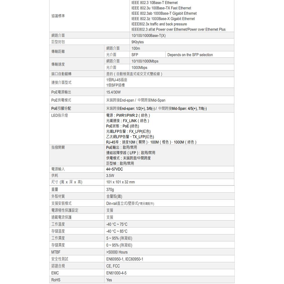 昌運監視器 OGEC-110P 10/100/1000M 工業級 PoE+乙太網路光電轉換器-細節圖2