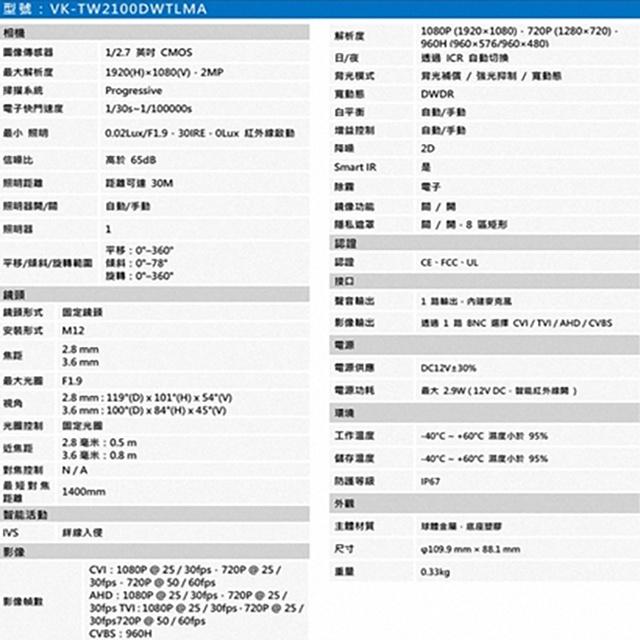 昌運監視器 SAMPO聲寶 VK-TW2100DWTLMA 200萬 紅外線半球型攝影機 內建麥克風-細節圖2