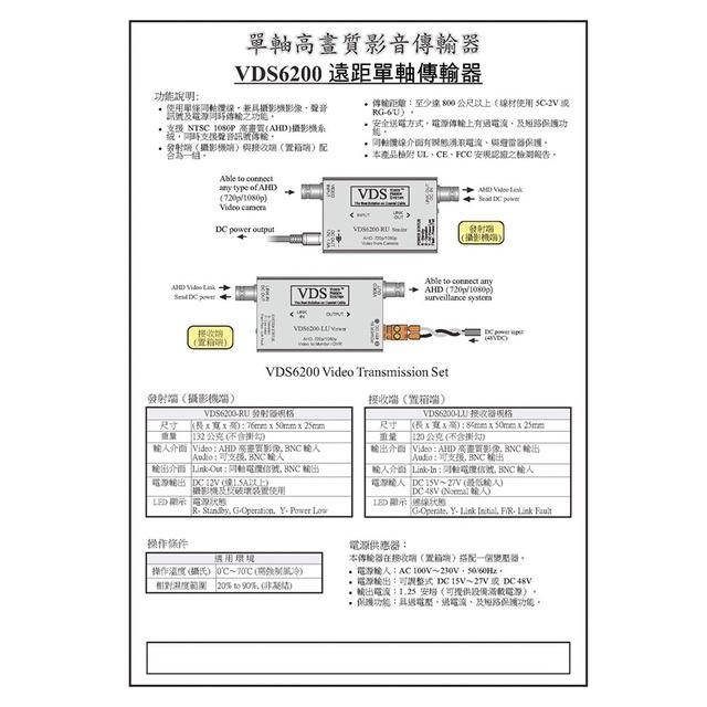 昌運監視器 VDS6200 高畫質單軸電纜影音傳輸器 支援 NTSC 傳輸距離至少800M 請來電洽詢-細節圖2