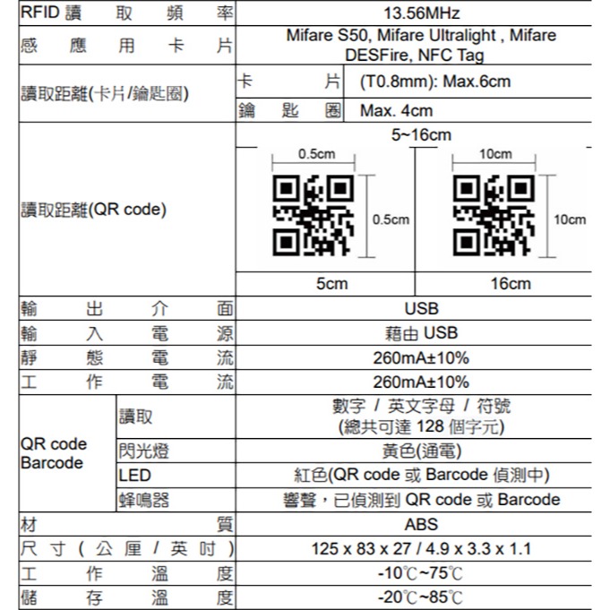昌運監視器 PQ-510M0U1-POJ Mifare QR Code感應讀頭 讀取距離5-16cm-細節圖2