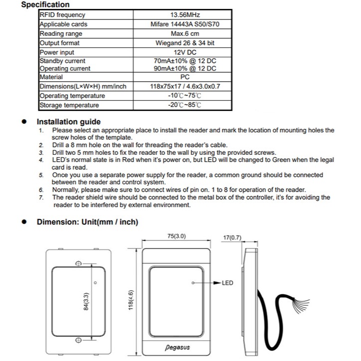 昌運監視器 PUA-310V1-0M0WS/B Mifare RFID多功能感應讀頭 讀取距離6cm-細節圖2