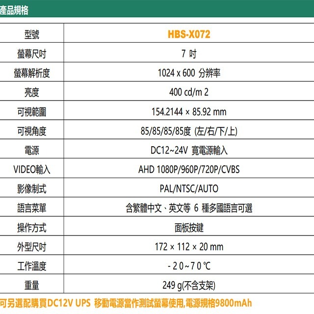 昌運監視器 HBS-X072 7吋 AHD 輸入液晶顯示器 支援CVBS輸入 可車用 內建喇叭-細節圖2