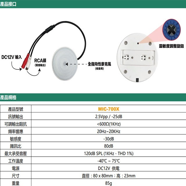 昌運監視器 MIC-700X (MIC-203) 超高感度監控專用麥克風 全指向性麥克風 傳輸距離遠 多級動態降躁技術-細節圖2