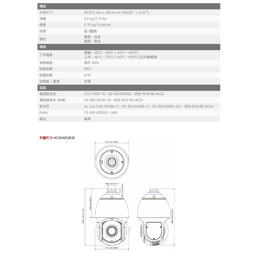 昌運監視器 Honeywell HC35WZ2R25 200萬畫素 紅外線快速球網路攝影機 紅外線150M-細節圖4