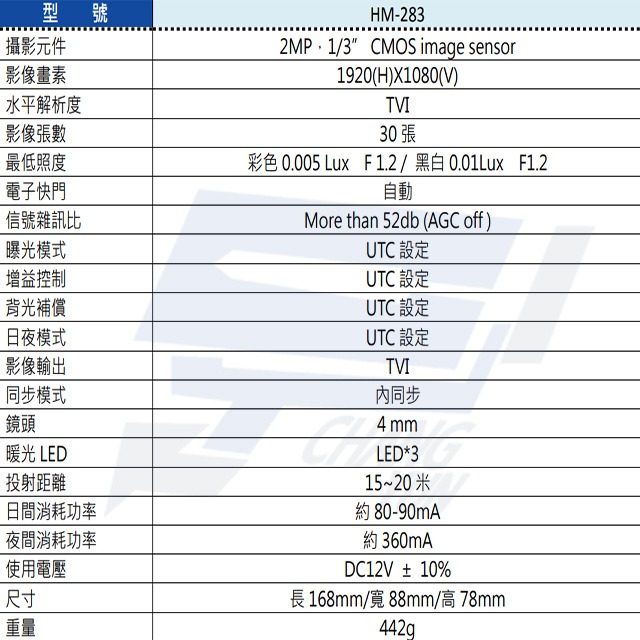 昌運監視器 環名HME HM-283 200萬 TVI 全彩防水型白光槍型攝影機 距離可15-20M-細節圖3