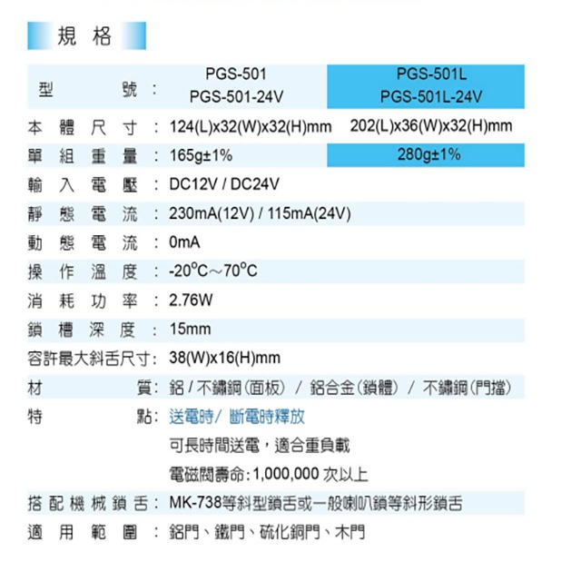 昌運監視器 PONGEE Pegasus PGS-501 送電開/斷電開可調整陰極電鎖 陰極鎖 電鎖-細節圖2