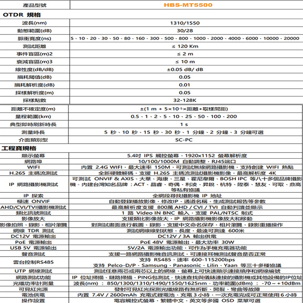 昌運監視器 HBS-MT5500C 5.4吋 OTDR 網路綜合型測試工程寶 尋線器款 監視器測試-細節圖2