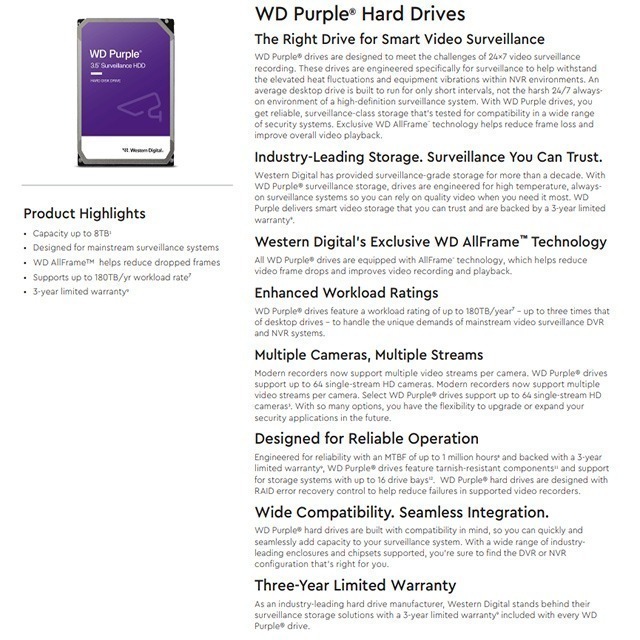 昌運監視器 WD85PURZ WD紫標 8TB 3.5吋監控專用(系統)硬碟-細節圖2