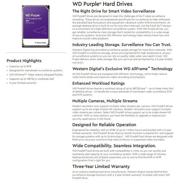 昌運監視器 WD85PURZ WD紫標 8TB 3.5吋監控專用(系統)硬碟-細節圖2