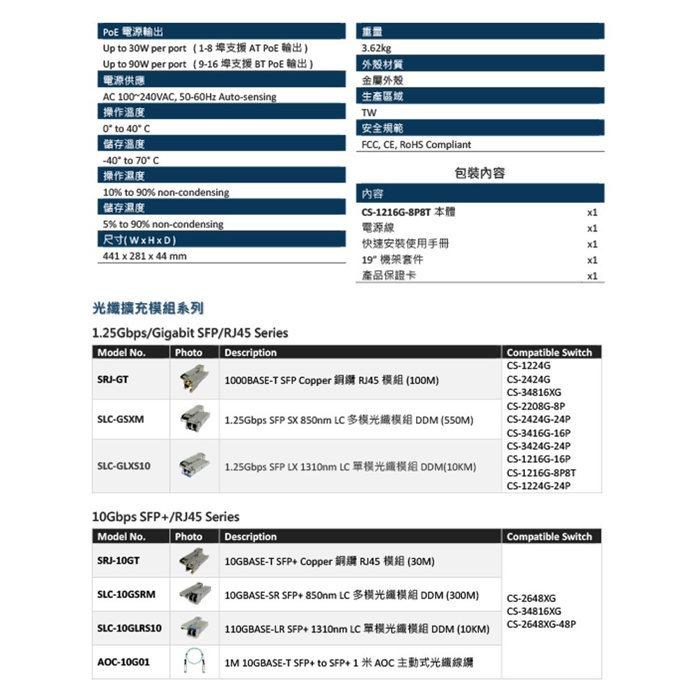 昌運監視器 CS-1216G-8P8T 2埠 +16埠 10/100/1000Mbps PoE++網路交換器-細節圖5