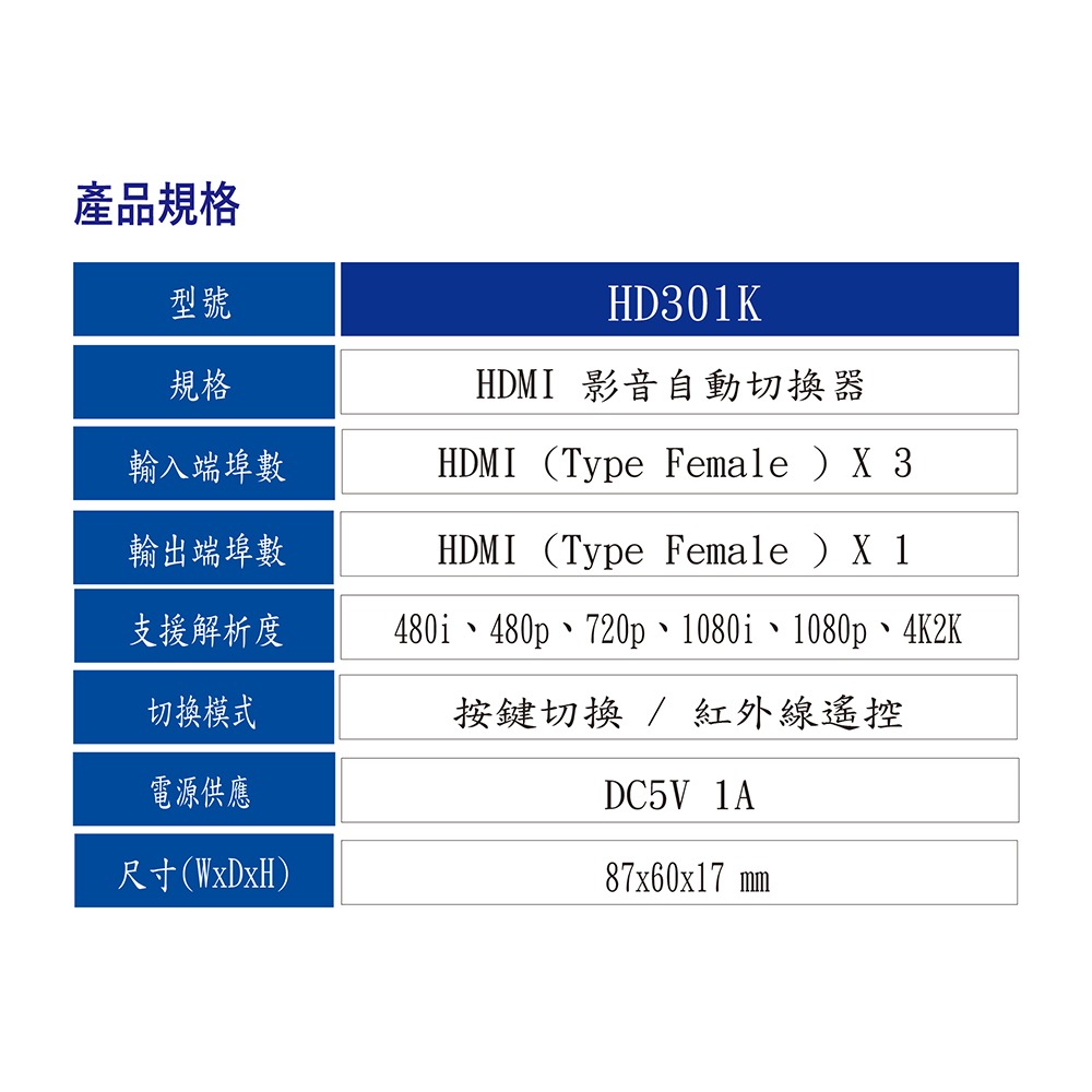 昌運監視器 HANWELL HD301K HDMI 影音訊號切換器 解析度4K2K@30Hz HDMI3入1出-細節圖3