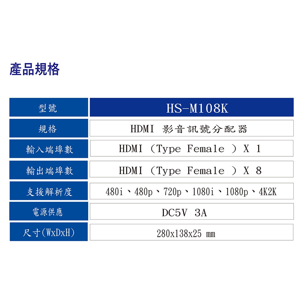 昌運監視器 HANWELL HS-M108K 影音訊號分配器 解析度4K2K@30Hz HDMI1入8出-細節圖3