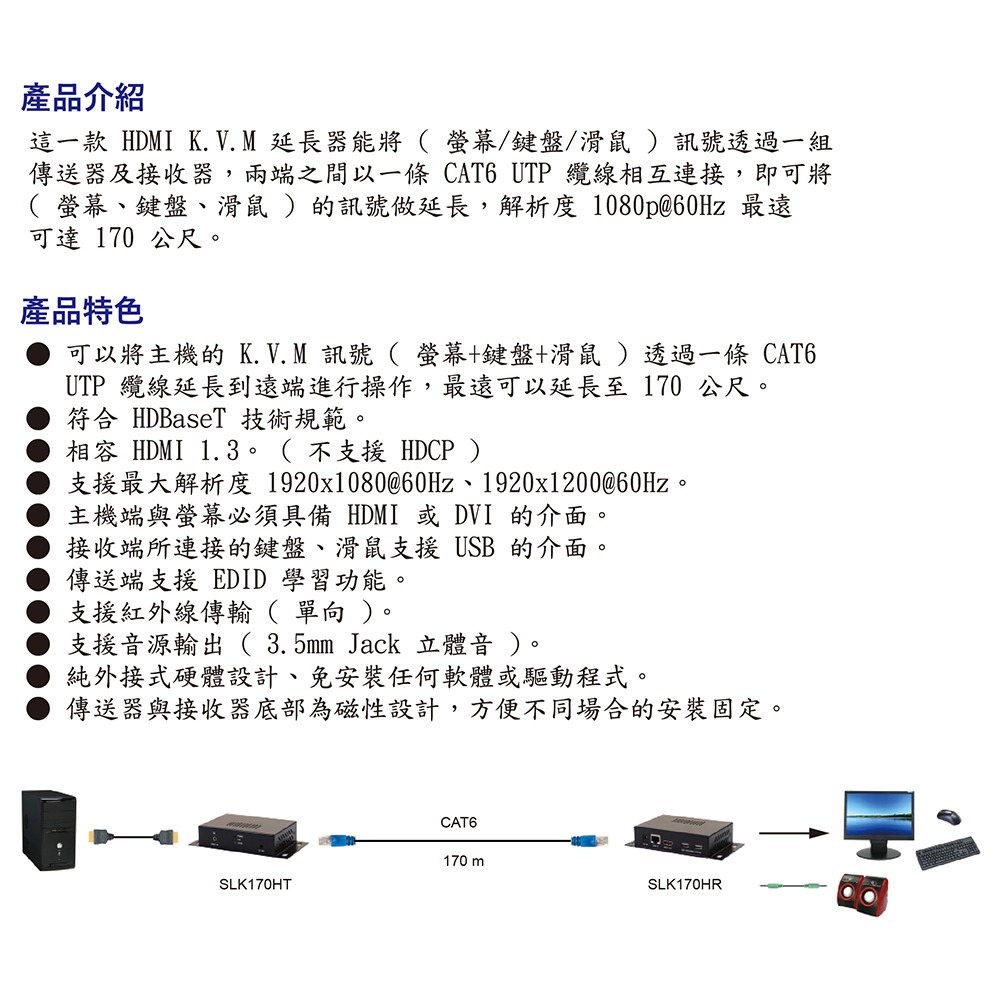 昌運監視器 HANWELL SLK170H HDMI 訊號 K.V.M CATX 延長器-細節圖4