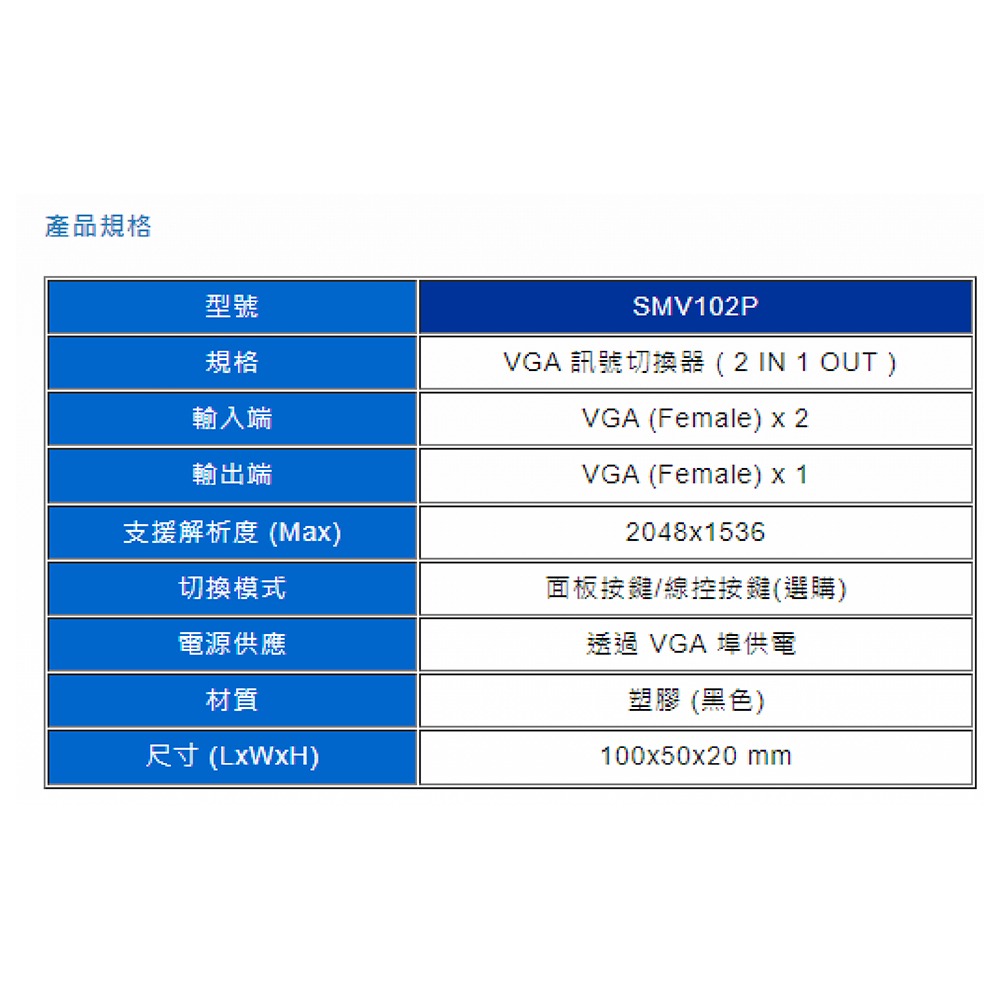 昌運監視器 HANWELL SMV102P VGA 視訊訊號切換器 解析度2048x1536 VGA2入1出-細節圖3