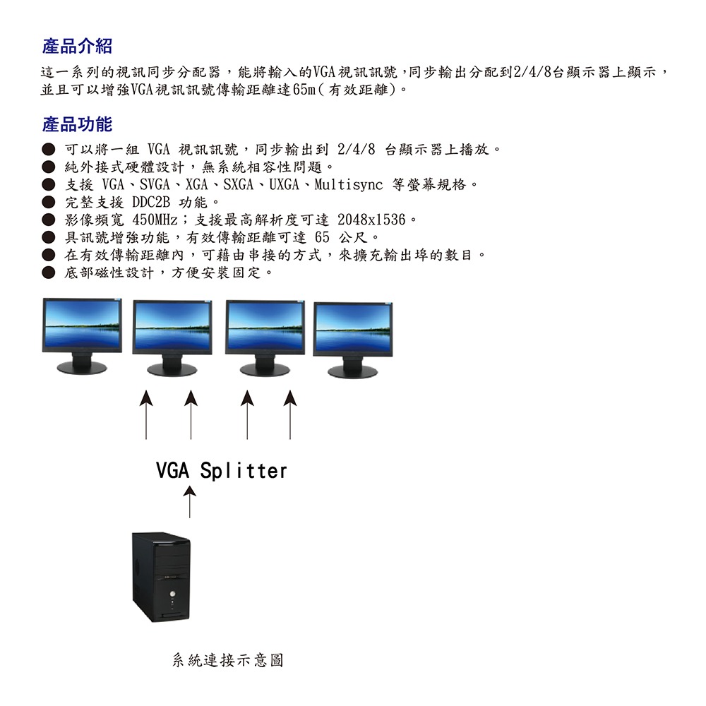 昌運監視器 HANWELL VSA-104 VGA 高頻視訊同步分配器 影像頻寬450MHz VGA1入4出-細節圖4