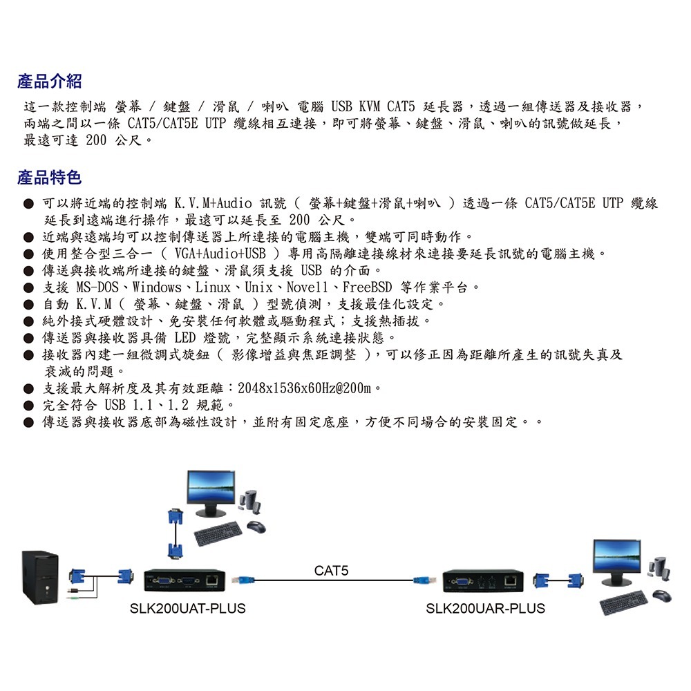 昌運監視器 HANWELL SLK200UA-PLUS VGA+Audio K.V.M CAT5 訊號延長器-細節圖4