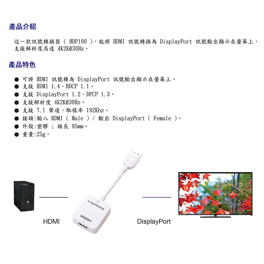 昌運監視器 HANWELL HDP100 HDMI轉DisplayPort轉換器 解析度4K2K@30Hz-細節圖3