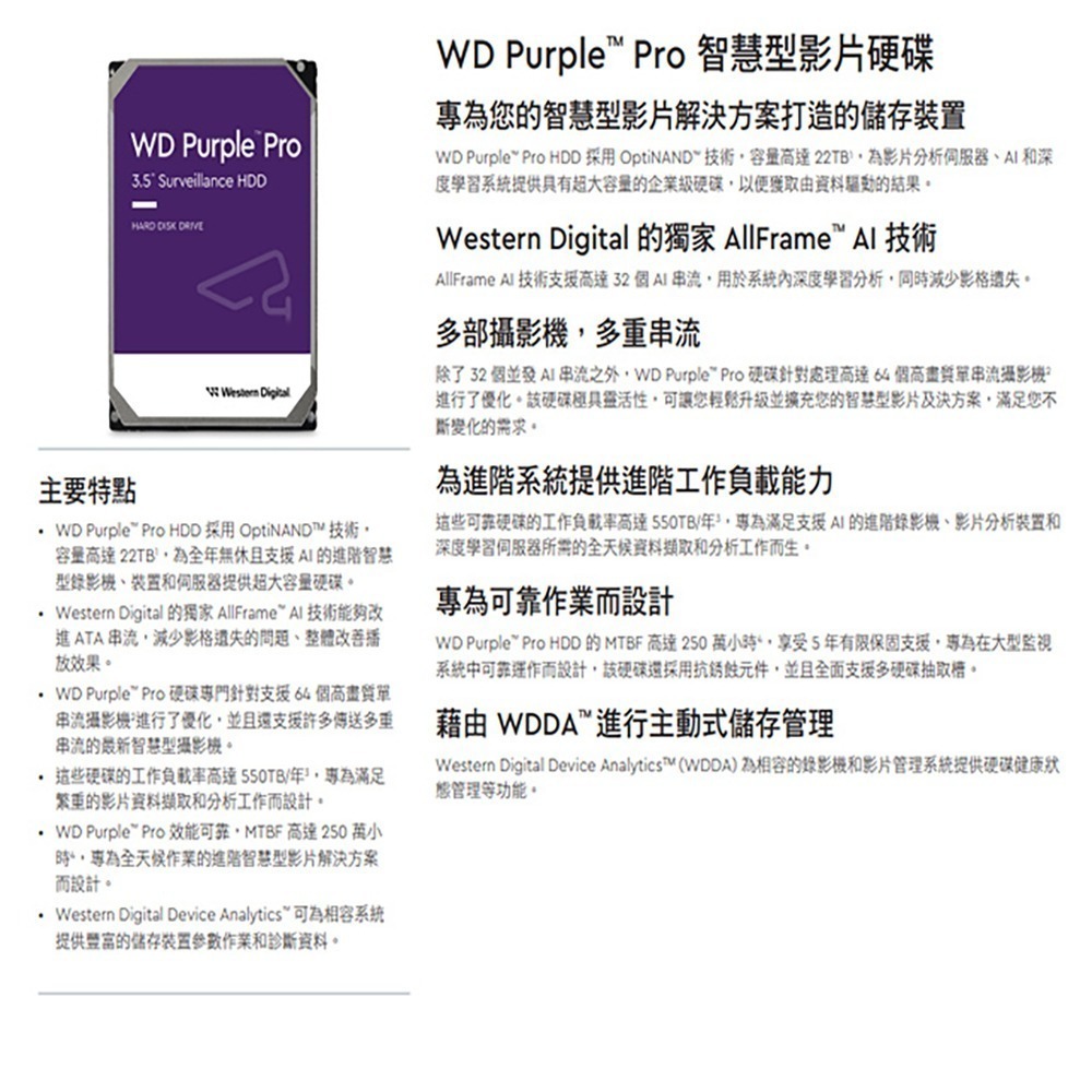 昌運監視器 WD221PURP WD紫標 PRO 22TB 3.5吋監控專用(系統)硬碟-細節圖2