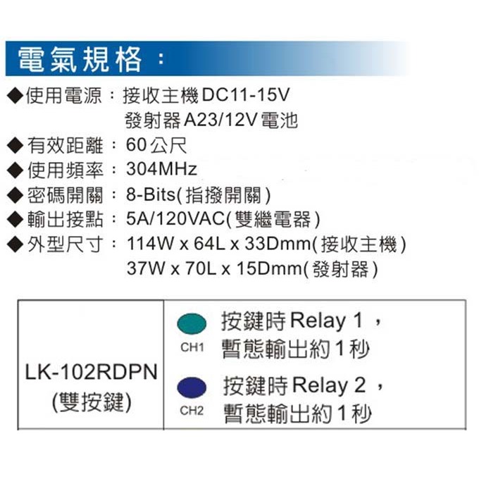 昌運監視器 Garrison LK-102RD 遙控開關 附二個遙控器 遙控各種電動門或電鎖門 有效距離60公尺-細節圖3