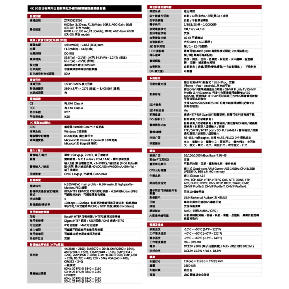 昌運監視器 LILIN 利凌 Z7R8082EX30 星光級 4K 自動對焦紅外線智慧槍型網路攝影機 請來電洽詢-細節圖5