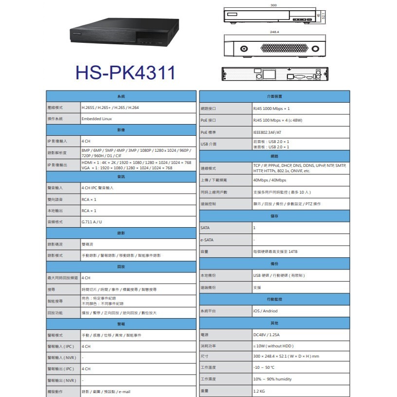 昌運監視器昇銳 POE套裝 HS-PK4311 4路 網路型主機+HS-T089N4-E 200萬 紅外線網路攝影機*2-細節圖2