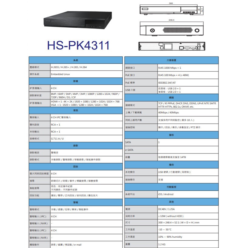 昌運監視器昇銳 POE套裝 HS-PK4311 4路 網路型主機+HS-T089N4-E 200萬 紅外線網路攝影機*4-細節圖2