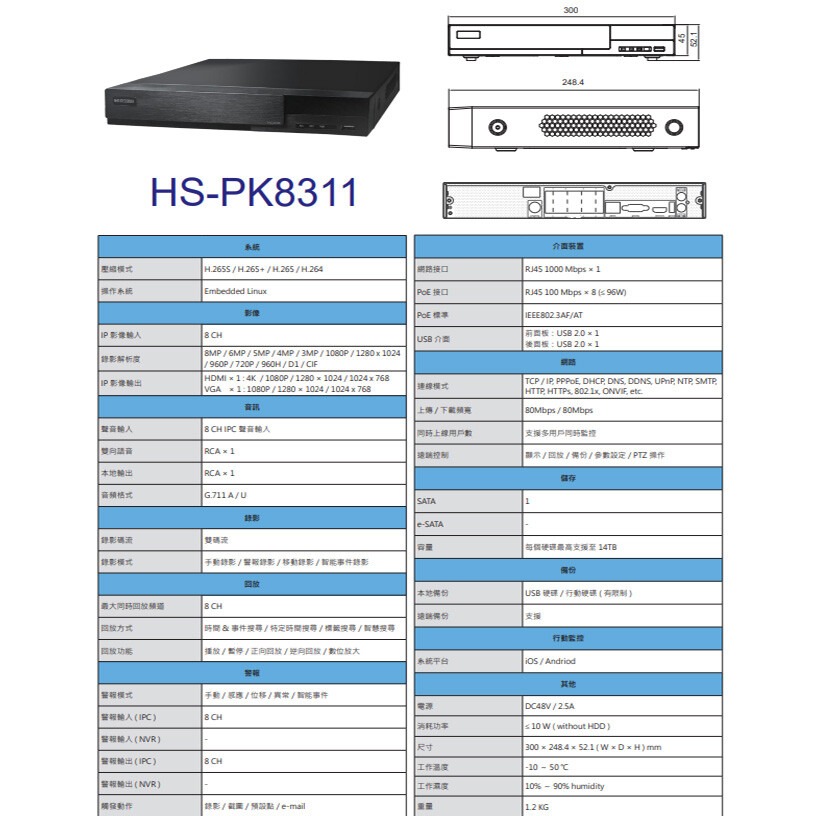 昌運監視器昇銳 POE套裝 HS-PK8311 8路 網路型主機+HS-T089N4-E 200萬 紅外線網路攝影機*6-細節圖2