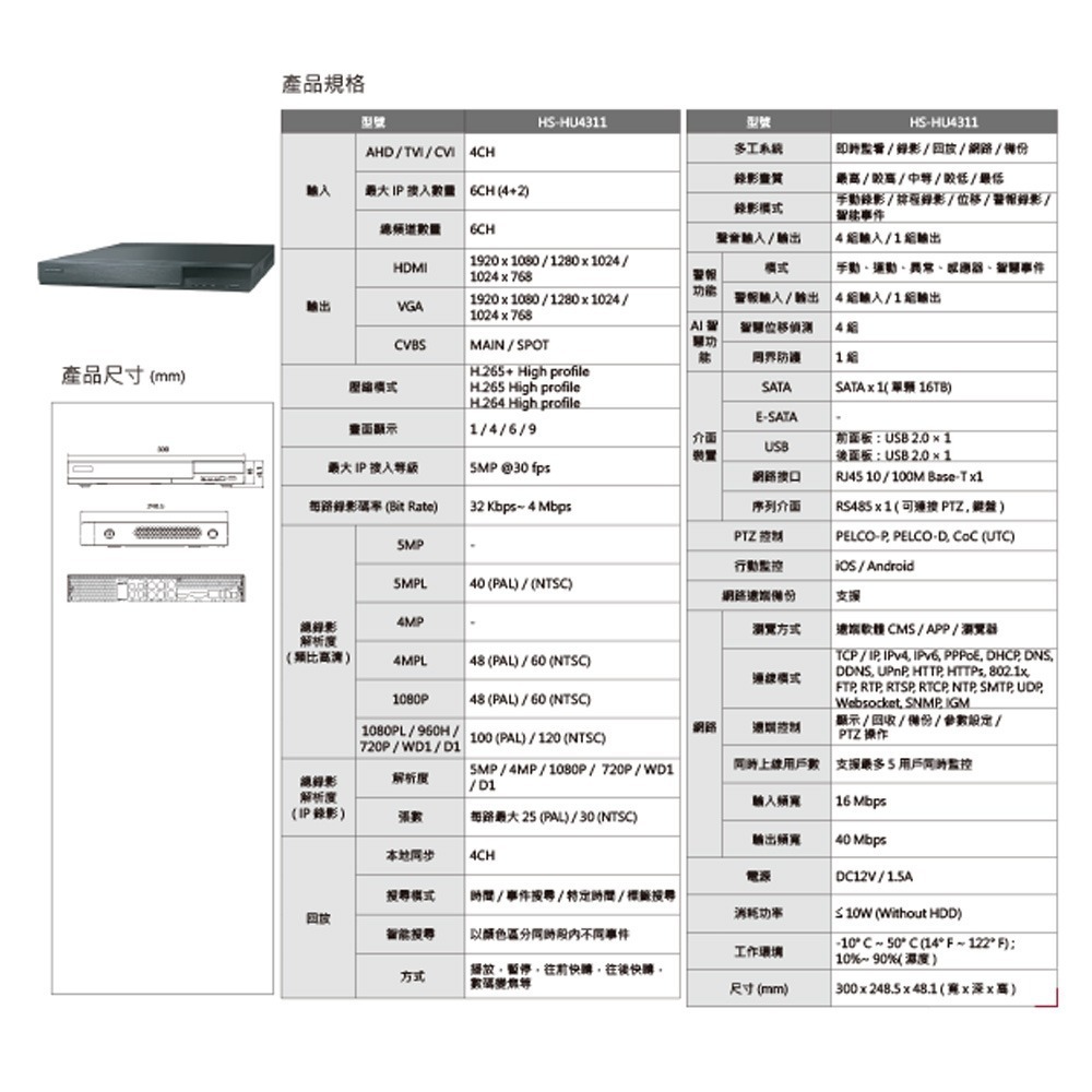 昌運監視器 昇銳組合 HS-HU4311 4路 錄影主機+HS-T108BH 500萬 紅外線管型攝影機*2-細節圖2