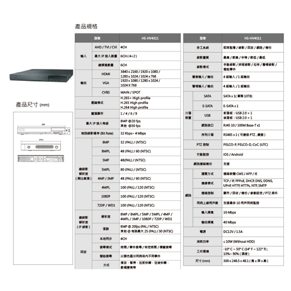 昌運監視器 昇銳組合 HS-HV4311 4路 錄影主機+HS-T108BH 500萬 紅外線管型攝影機*2-細節圖2