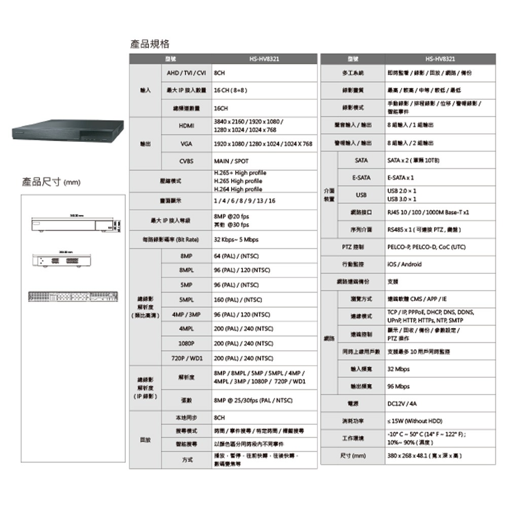 昌運監視器 昇銳組合 HS-HV8321 8路 錄影主機+HS-T108BH 500萬 紅外線管型攝影機*6-細節圖2