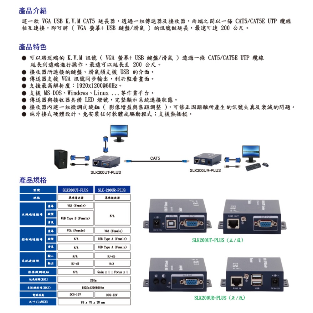 昌運監視器 HANWELL SLK300U-PLUS ( VGA+Audio ) K.V.M CAT5 訊號延長器-細節圖2