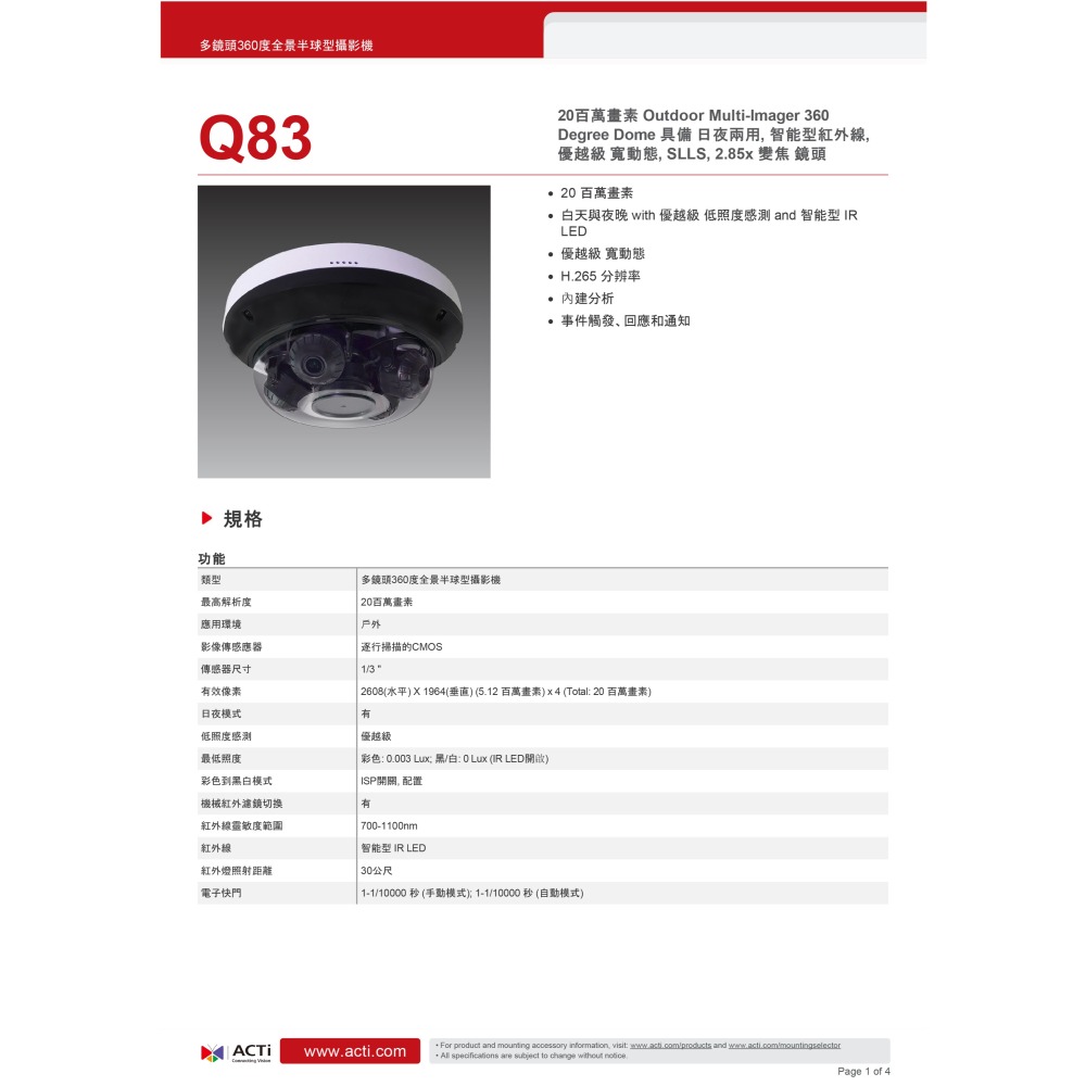 昌運監視器 ACTi Q83 20百萬畫素 多鏡頭360度全景半球型攝影機 請來電洽詢-細節圖2