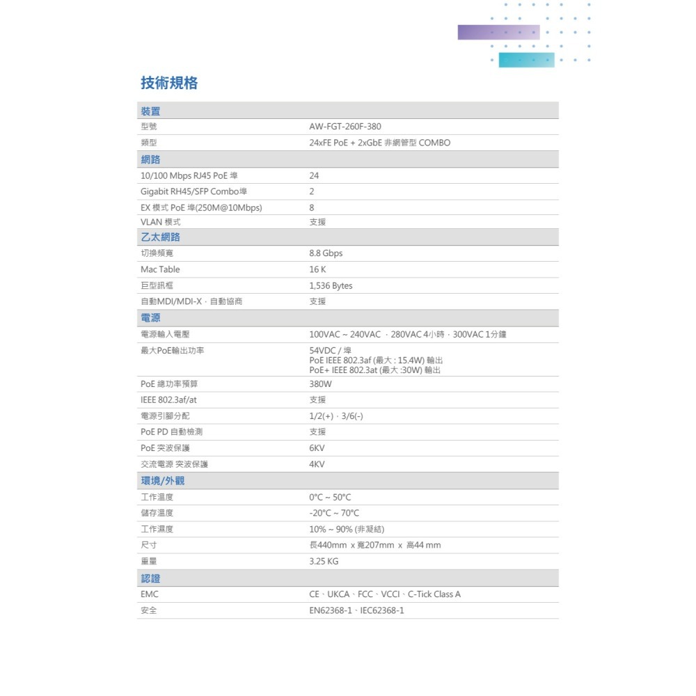 昌運監視器 VIVOTEK晶睿 AW-FGT-260F-380非管理型PoE交換器-細節圖3