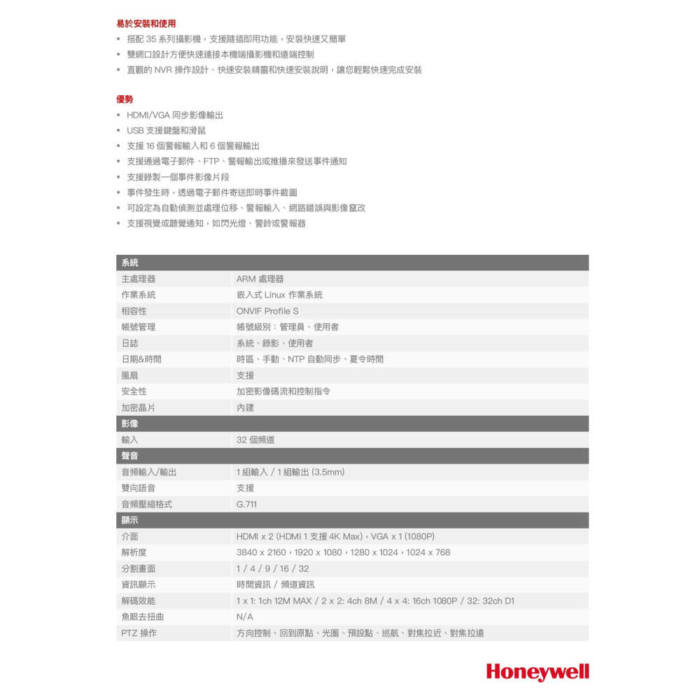 昌運監視器 Honeywell HN35320800NR 32路 NVR監視器主機 請來電洽詢-細節圖3