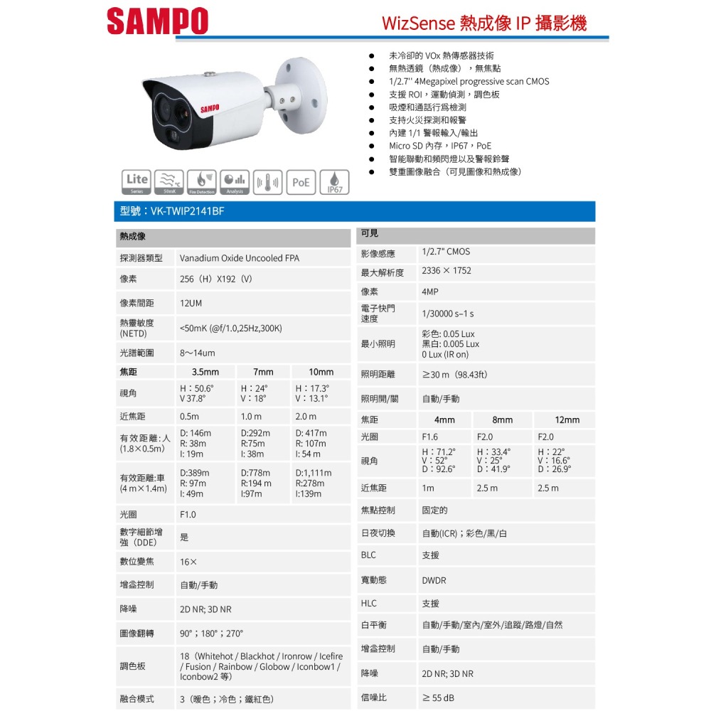 昌運監視器 SAMPO聲寶 VK-TWIP2141BF 400萬 WizSense 熱成像槍型網路攝影機 請來電洽詢-細節圖2