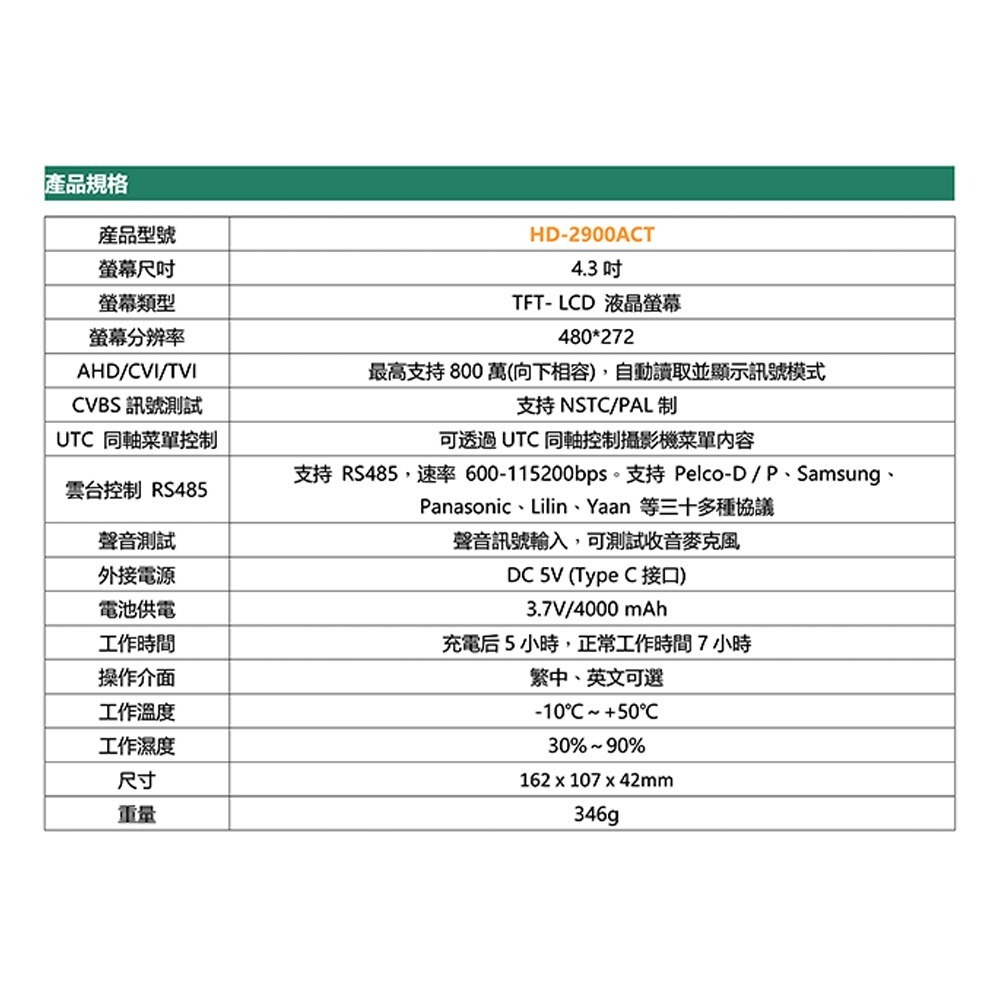 昌運監視器 HD-2900ACT 4.3吋 800萬 四合一 同軸型測試工程寶-細節圖2