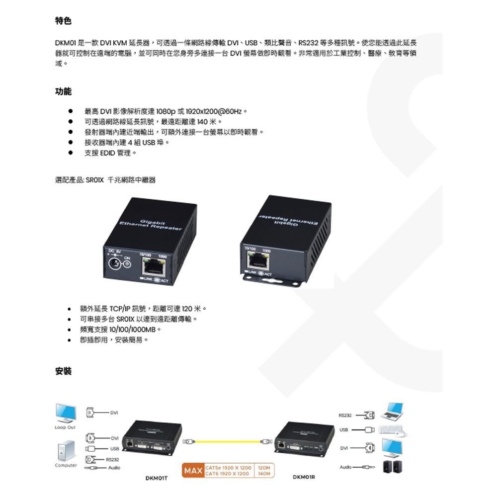 昌運監視器 DKM01 DVI/USB/聲音/RS232 KVM CAT5e 延長器 最遠距離可達140米-細節圖2