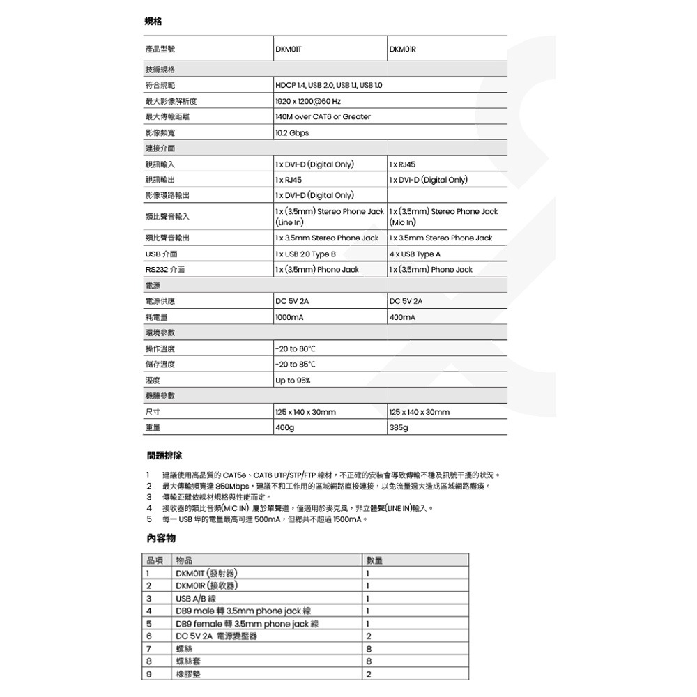 昌運監視器 DKM01 DVI/USB/聲音/RS232 KVM CAT5e 延長器 最遠距離可達140米-細節圖7