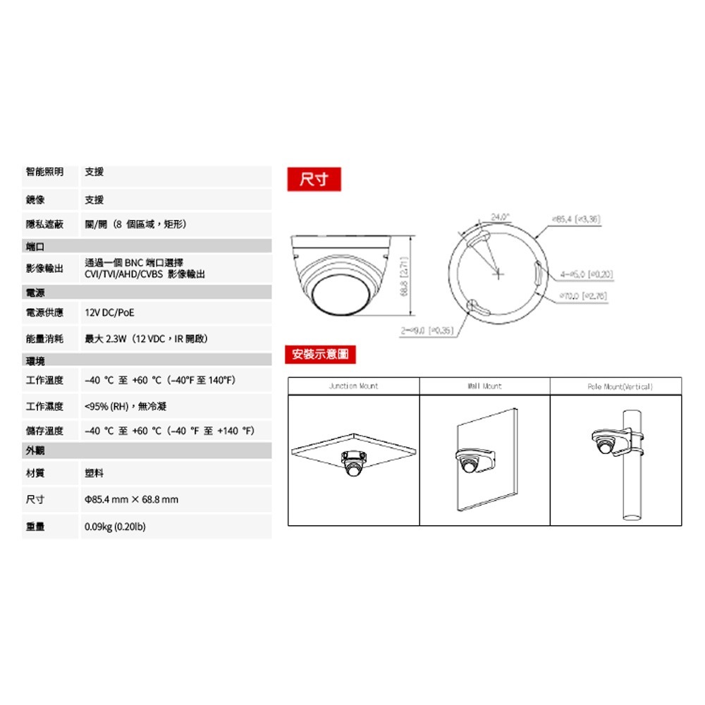 昌運監視器 SAMPO聲寶 VK-TW1TA21 200萬 HDCVI 紅外線半球型攝影機 紅外線20M-細節圖4