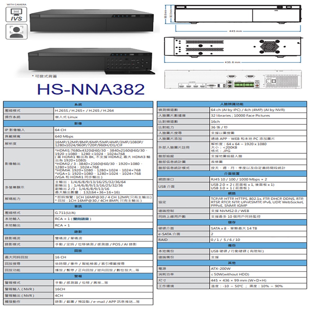 昌運監視器 昇銳 HS-NNA382 64路 H.265 人臉辨識 RAID 網路型錄影主機 支援8硬碟 雙向語音-細節圖2